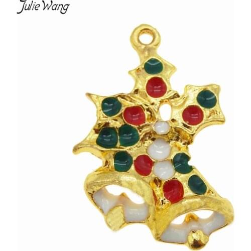 Julie Wang 10PCS Wholesale Trendy Style Colorful Double Christmas Ring Bell Shape Enamel Alloy Charms DIY Xmas Tree Decoration