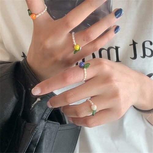 AOMU Korean Summer Retro Geometric Crystal Fruit Adjustable Ring Cute Transparent Pearl Beaded Rings For Women Jewelry