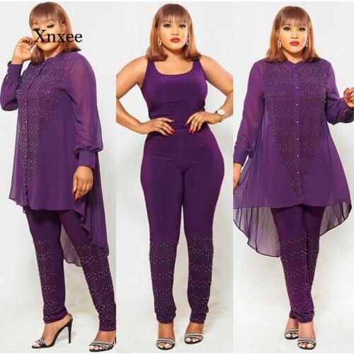 Diamond Tops Two Piece Set African Women Long Pants Office Lady Muslim Suits Matching Sets Work Wear Solid Tracksuit Outfits