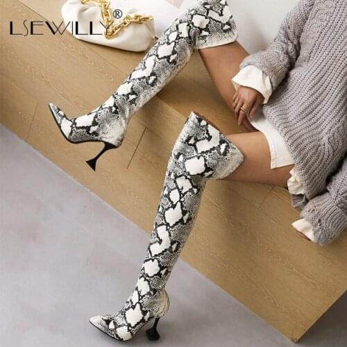 Lsewilly 2021 Women Over the Knee Boots Sexy Thin High Heel Pointed Toe Thigh Boots Faux Leather Snake Print Womens Boots