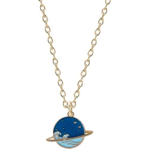 Cartoon Blue Ocean Wave Planet Gold Chain Pendant Choker Lady Jewelry Fashion Couple Collar Necklace Gift For Men And Women