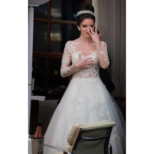 Customize Lace and Tulle Romantic Plus Size Long Sleeve Vestido de Noiva appliques Formal Bridal Gowns mother of the bride dress