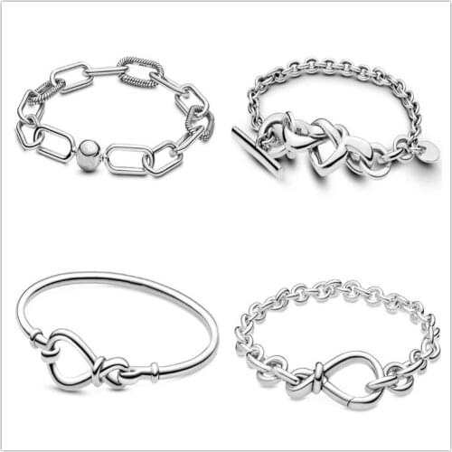 New Pattern Chunky Infinity Knotted Heart-embellished T-clasp 925 Sterling Silver Pan Bracelet Fit Fine Bangle Bead Charm