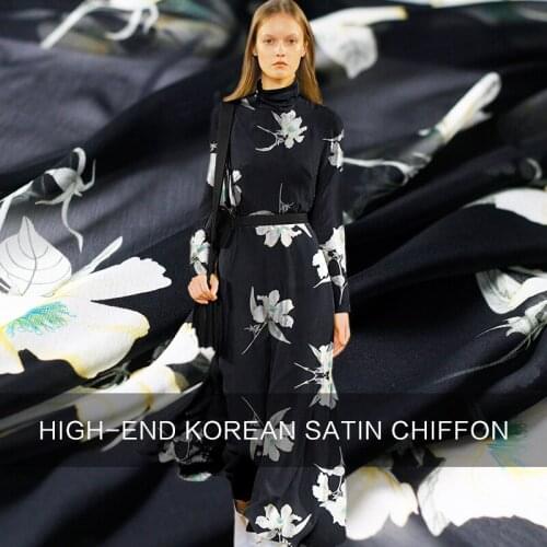 Pearlsilk Made in Korea black flowers printed satin chiffon summer dress garment materials DIY clothes fabrics Freeshipping