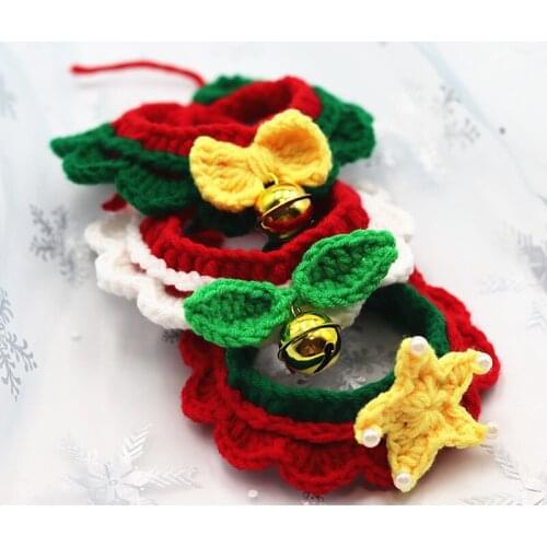 Christmas Cat Dog Collar Sweet Bell Dog Necklace Floral Woolen Pet Scarf Neck Strap For Small Medium dogs