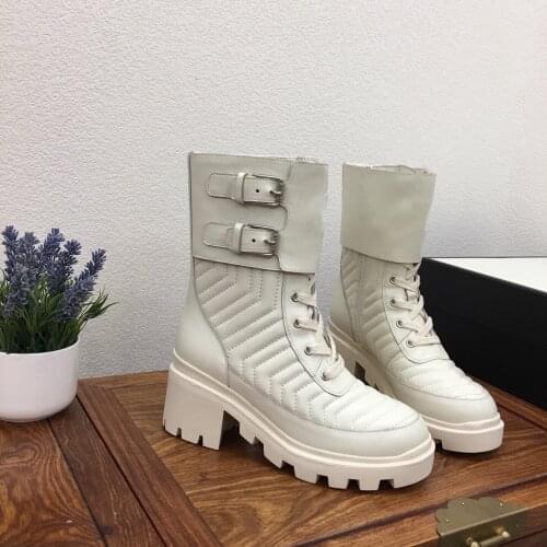 2021 Newest Winter Shoes Woman Retro Genuine Leather Mid-Calf Boots Woman Martin Boots Metal Decora Boots Woman Sapato Feminino