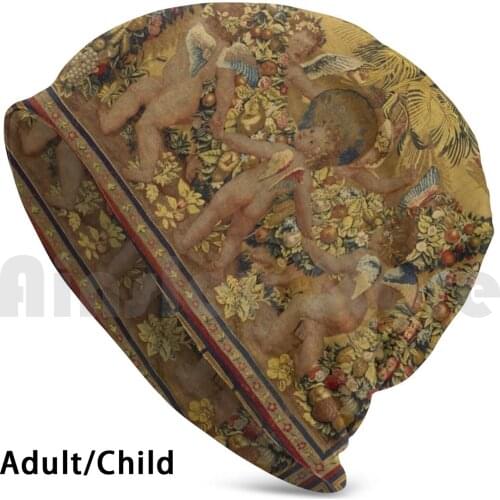Six Putti Dancing Around A Globe And A Palm , Gold Yellow Brown Floral Renaissance Tapestry Beanies Knit Hat Hip Hop