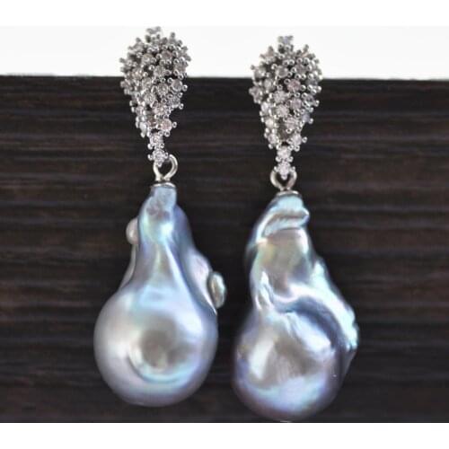 Z11034 Lustre 25mm Gray Baroque Reborn Keshi Pearl Dangle Earring CZ