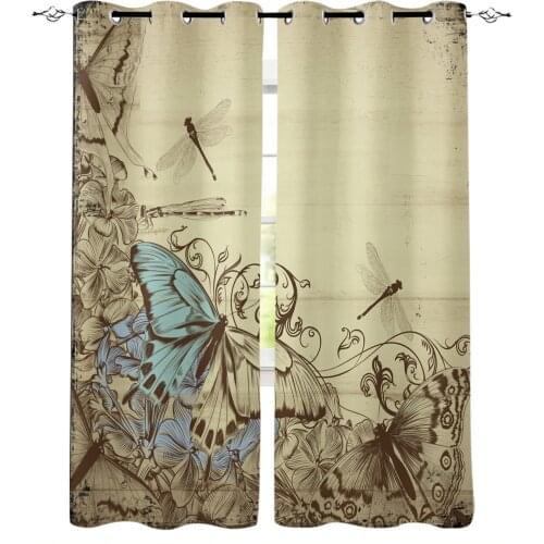 Wood Grain Plant Butterfly Retro Curtains For Living Room Bedroom Window Treatment Blinds Drapes Modern Kitchen Curtains