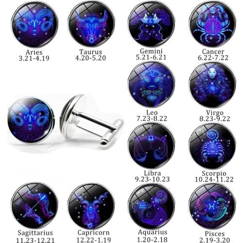 12 Constellations Alloy Cufflinks Men Wedding Party Shirt Cufflinks Glass Cabochon Cuffl Links Fathers Day Gift