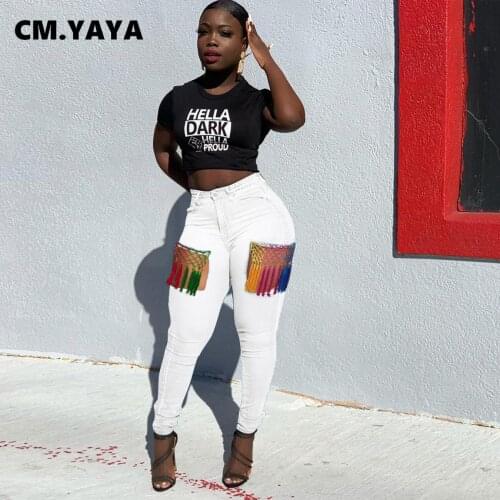 CM.YAYA Women Jeans Solid Tassel Hollow Out Mid Waist Zipper Pockets Pencil Denim Pants Sexy Fashion Casual Streetwear Summer