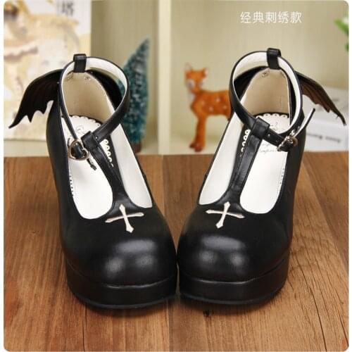Women Lolita Round Toe Gothic Cross Embroidery Punk Pumps Platform Bat Wings Platform High Heel Shoes Creepers Japanese Harajuku