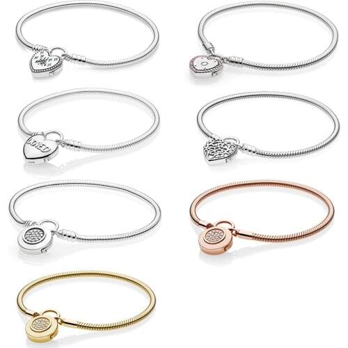 2019 NEW 100% 925 Sterling Silver Moments Smooth Bracelet With Signature Padlock Fit Women Original Fashion Jewelry Gift