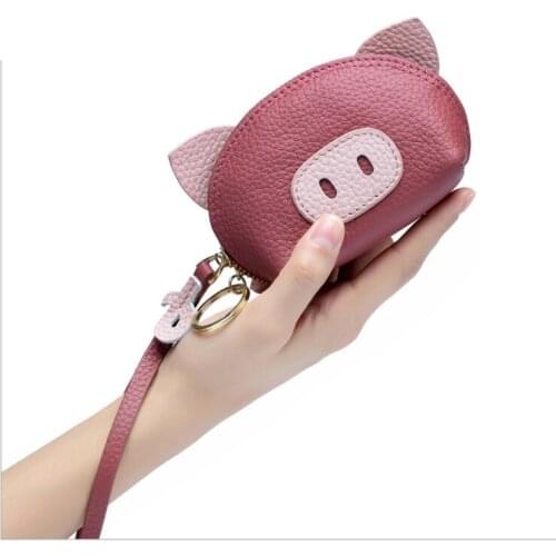 Womens Cow Leather Litchi Grain Change Purse Ladies Small Lovely Pig Cow Leather Designer Bag Unisex Mini Coin Purse