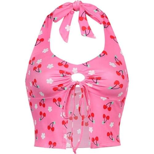 Pink Cherry Printed Woman Swimsuit Top Bikini Halter Tank Crop Top Summer Swimwear Bandage Push-up Padded Bra Bralette Beachwear