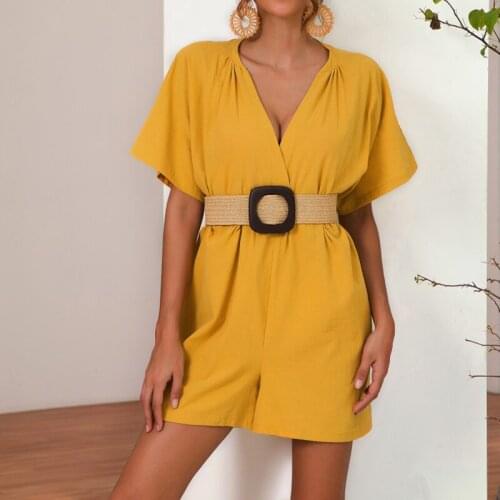 Sexy Women Deep V Neck Mini Playsuit Ladies Summer Holiday Short Sleeve Rompers Womens Casual Shorts Jumpsuit Yellow Red 2019