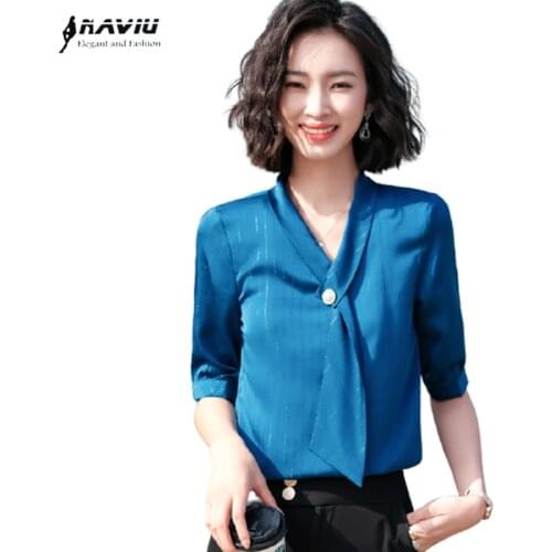 Half Sleeve Chiffon Women Temperament 2021 Summer Thin V Neck Pullover Blue Stripes Formal Blouses Office Ladies Work Tops