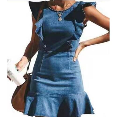 Fashion Ruffle Midi Dresses Cowboy Butterfly Sleeve Sexy Slim Denim Dress Vintage Summer Blue Square Collar Women Pullover Dress