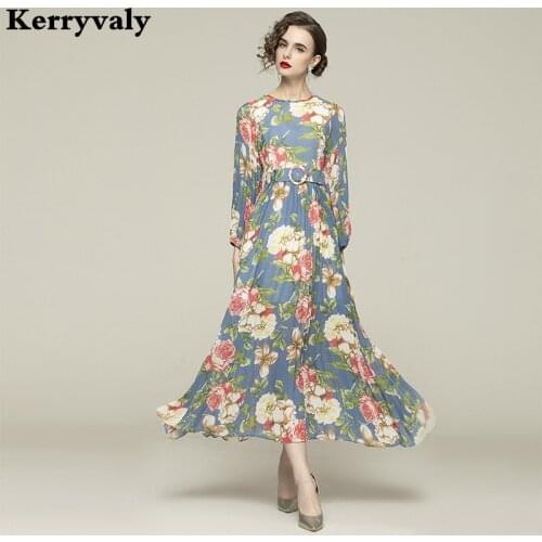 Bohemian Super Fairy Chiffon Print Elegant Women Maxi Dresses Spring 2021 Long Party Runway Dress Sashes (with Belt)
