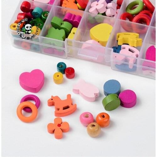 1Box 7.5~22mm Mixed Shape Wood Beads Space for Jewelry Making Children Kids Handcraft DIY Necklace Bracelet Mixed Color