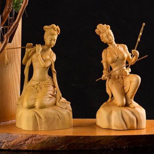 13CM Wood Piper Beauty Creative Orient Classical Chinese Fiddle Erhu Beauty Women Statue Home Decor Statues for Decoration