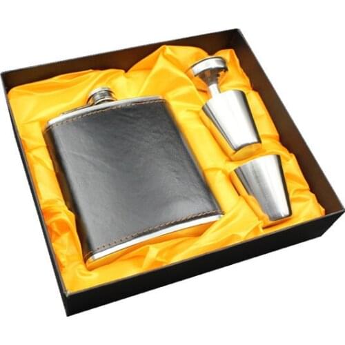 2018 bpa free 7oz pu leather wrapping whisky Liquor flagon cccp Stainless steel alcohol vodka hip flask gift box set