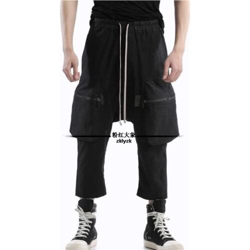 28-46 2020 New Plus Size Men Clothing Tooling Black Side Pocket Cropped Harem Pants Hairstylist Personality Elastic Waist Pants