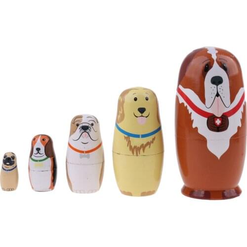 5 Pieces Set Cute Dogs Puppies Patterns Wooden Russian Nesting Dolls Stacking Matryoshka Toy Home Office Decoration