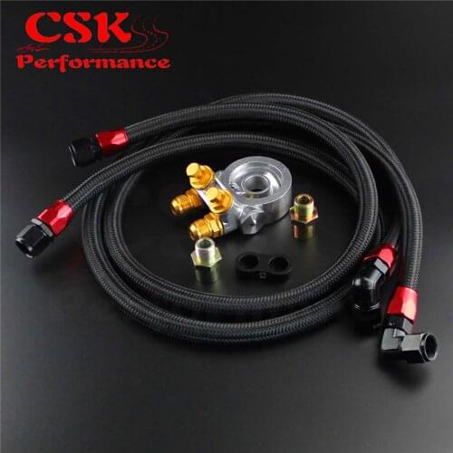 AN10 Nylon Braided / SS Braided Oil Line +Filter Sandwich Adapter Thermostat w/ 80 Degree 176F Kit Black/Silver