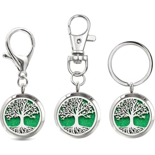 Tree of Life Diffuser Keychain 30mm 316L Stainless Steel Jewelry Aromatherapy Locket Lobster Clasp Keychain With 10pcs Pads Gift