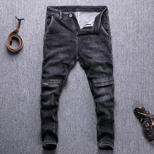 American Street Style Fashion Men Jeans High Quality Black Color Elastic Slim Fit Spliced Designer Jeans Men Casual Denim Pants