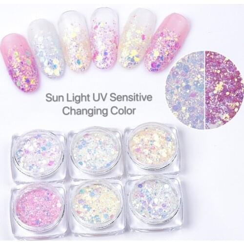 6box Nail Mermaid Glitter Powder Flakes Sparkly 3D Light Chameleon Color Changing Sequins Polish Manicure Nail Art Decorations