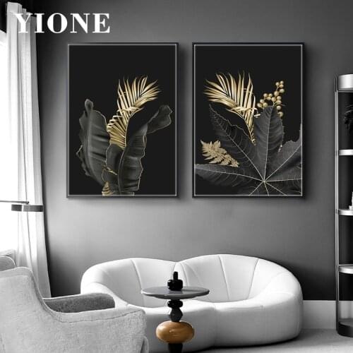 Black and Gold Leaves Leaf Posters and Prints Luxury Plant Painting on Canvas Wall Art Modern Home Decor Cuadro Picture for Room