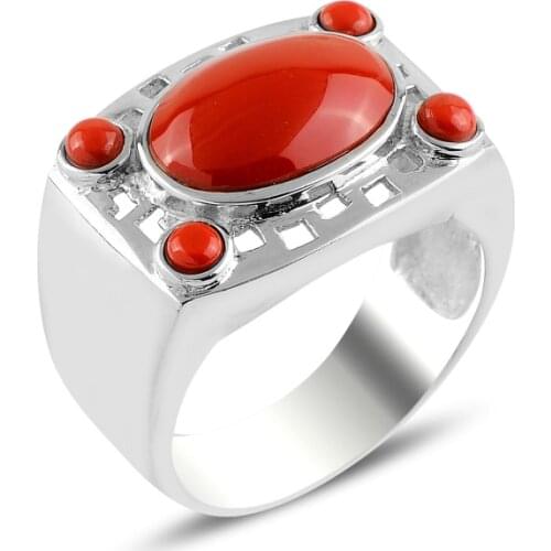 Silver 925 Sterling Coral Gemstone Ring