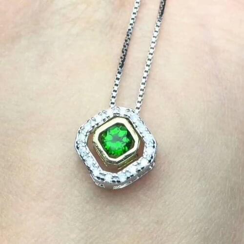 Natural green diopside pendant S925 silver Natural gemstone Pendant Necklace Simple Small Square two wears girl gift jewelry