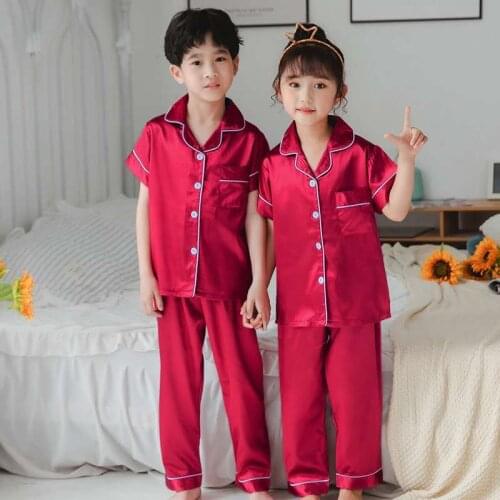 Summer Kids Pajamas Sets Short Sleeve Tops+Long Pants 2pcs/set Sleepwear for Girls and Boys Teens Red Clothes Suits for 3-14Y