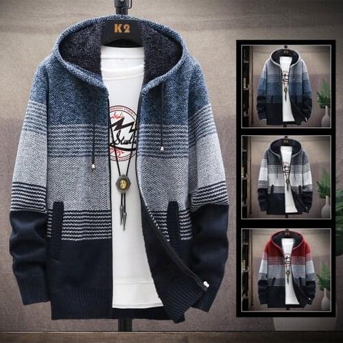 Fashion stripe stitching knit sweater men autumn winter warm hooded fleece cardigan casual sports jacket