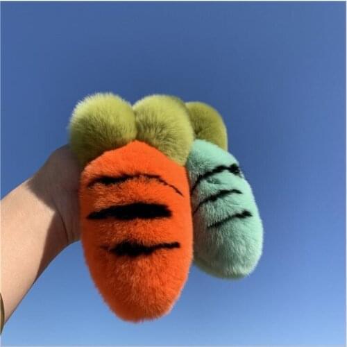 Lovely Carrot Real Rex Rabbit Fur Keychain Bag Charms Fluffy Pompom Ball Pendent Soft Toys Car Key Rings Accessories