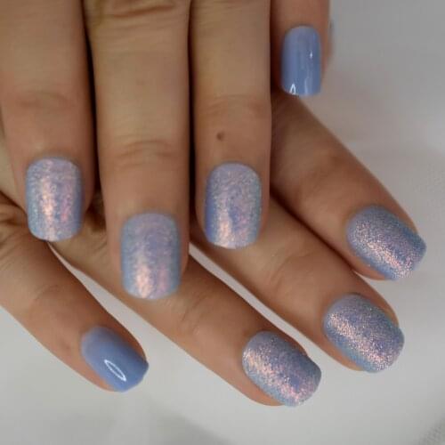 Soft Blue Fake Nails Short Round Tips Glitter Shimmer Detachable Artificial Nails False Nails Press On Manicure Salon Art