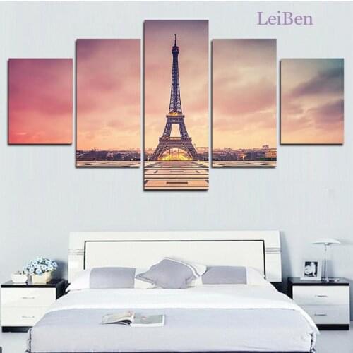 Five Piece Set France Paris Eiffel Tower Canvas Painting Pink Art Poster Modern Home Decoration Living Room Bedroom Frameless