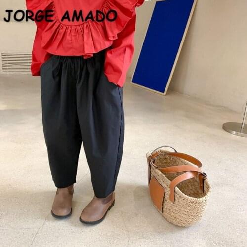 2021 Korean Style New Autumn Kids Girls Pants Black Loose Radish Haren Pocket Trousers Children Outwear Fashion Clothes E244