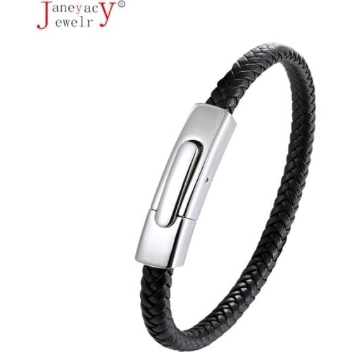 New Fashion Men Bracelet ID Bangle Brown Black Braided Genuine Leather Women Bangle Stainless Steel Male Jewelry Homens Pulseira