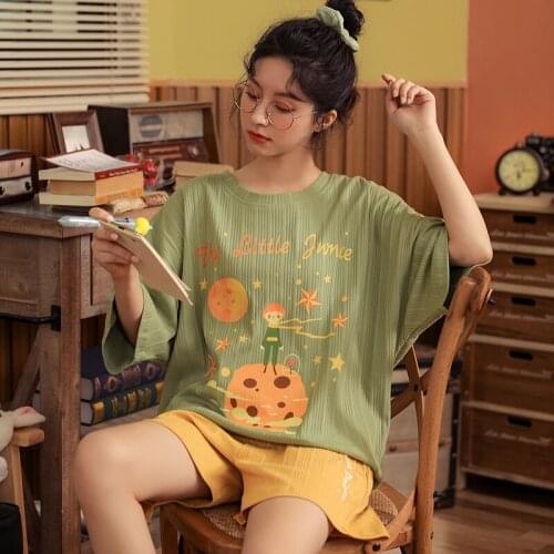 Sweet Avocado Green Short Sleeve Pajamas For Women Kawaii Cartoon Print Summer Sleepwear Trendy Leisure Korean Shorts Homewear