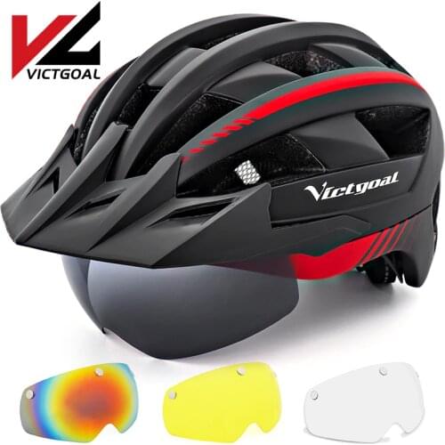 VICTGOAL Mountain Road Bike Helmet With Sun Visor Goggles Men Women Bicycle Helmet Back Light Magnetic Glasses Cycling Helmets