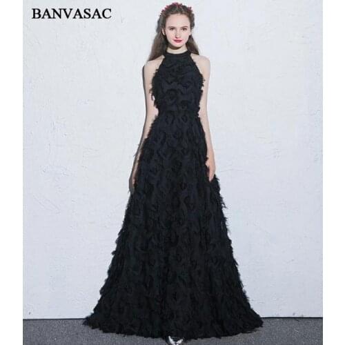 BANVASAC 2018 Vintage Halter Feathers Sleeveless A Line Long Evening Dresses Elegant Off The Shoulder Party Prom Gowns