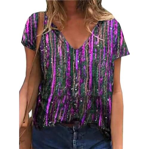 Summer Women Shirt Short Sleeve Striped Plus Size V-Neck Tops Summer Female Short Sleeve Top Streetwear