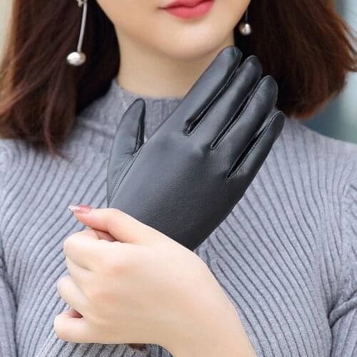 Autumn And Winter Womens Touch Screen Leather Gloves Sheepskin Thickening And Velvet Fashion Solid Color High Quality