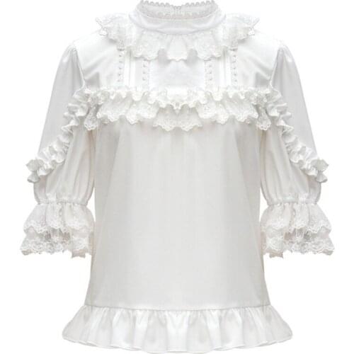 Women Casual Chiffon Lace Lolita Shirts Summer Cute Vintage Ruffled High Collar Blouses Girls Lolita Bottoming Shirt White Tops