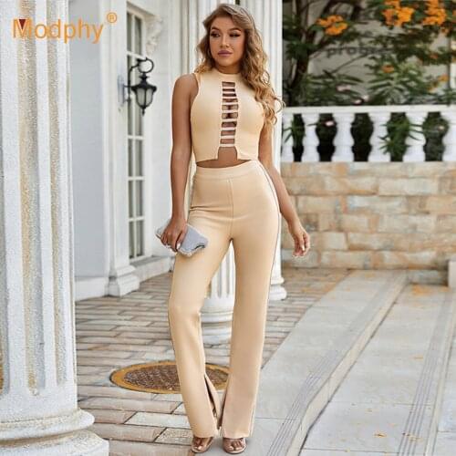 2021 Fashion New Bandage Women Set Diamond Hollow Top & High Waist Pants 2 Two-piece Suit Club Celebrity Party Sets