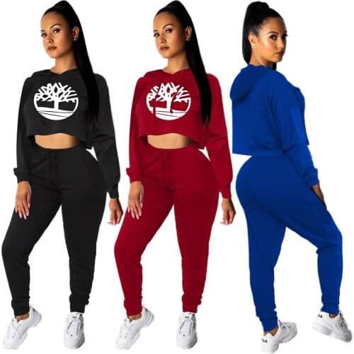 Women 2 Piece Casual Sports Set Tracksuit Printed Long-sleeve Loose Crop Hoodie Tops Pants Matching Outfits Joggers Fitness Suit